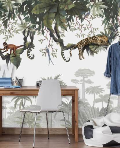 vit och grön barndjungel väggmålning som heter Cheeky Monkeys Panorama av Kikki Belle