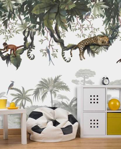 witte en groene junglemuurschildering voor kinderen genaamd Cheeky Monkeys Panorama van Kikki Belle witte en groene junglemuurschildering voor kinderen genaamd Cheeky Monkeys Panorama van Kikki Belle