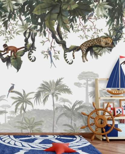 mural blanco y verde de la jungla para niños llamado Cheeky Monkeys Panorama de Kikki Belle