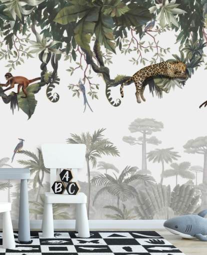 white and green kids jungle mural called Cheeky Monkeys Panorama by Kikki Belle