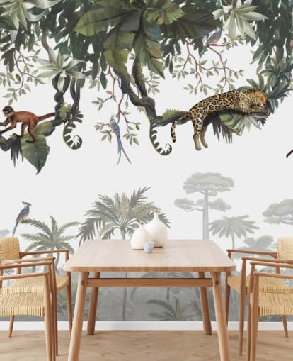 peinture murale blanche et verte de la jungle pour enfants appelée Cheeky Monkeys Panorama par Kikki Belle