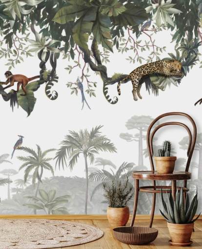 mural blanco y verde de la jungla para niños llamado Cheeky Monkeys Panorama de Kikki Belle