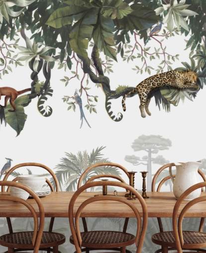 white and green kids jungle mural called Cheeky Monkeys Panorama by Kikki Belle