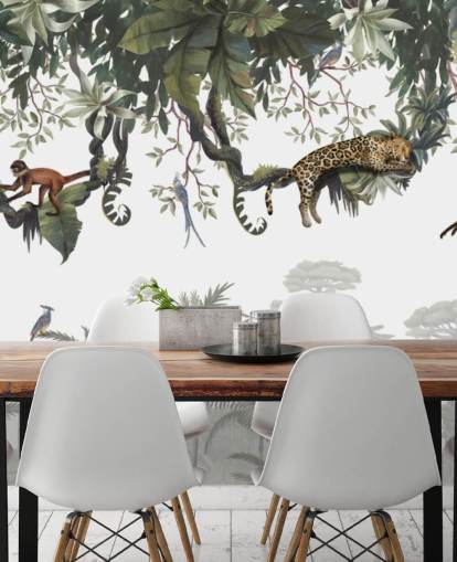 mural de selva infantil branco e verde chamado Cheeky Monkeys Panorama de Kikki Belle