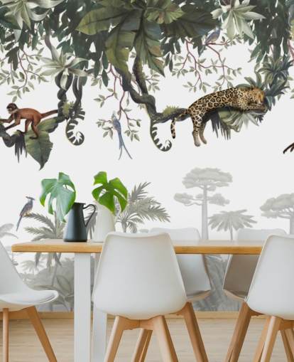 mural blanco y verde de la jungla para niños llamado Cheeky Monkeys Panorama de Kikki Belle mural blanco y verde de la jungla para niños llamado Cheeky Monkeys Panorama de Kikki Belle