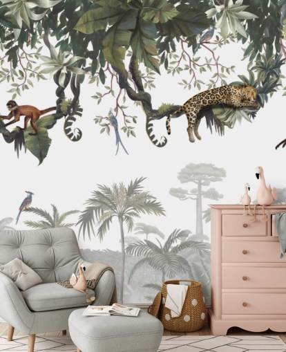 witte en groene junglemuurschildering voor kinderen genaamd Cheeky Monkeys Panorama van Kikki Belle