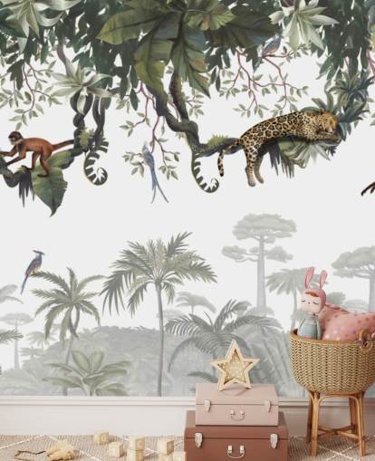 hvitt og grønt barnas jungel veggmaleri kalt Cheeky Monkeys Panorama av Kikki Belle hvitt og grønt barnas jungel veggmaleri kalt Cheeky Monkeys Panorama av Kikki Belle