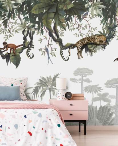 white and green kids jungle mural called Cheeky Monkeys Panorama by Kikki Belle