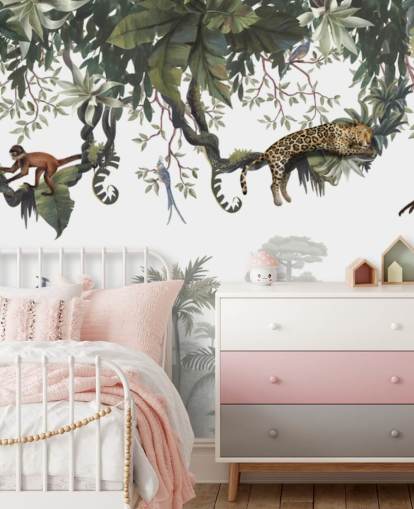 witte en groene junglemuurschildering voor kinderen genaamd Cheeky Monkeys Panorama van Kikki Belle