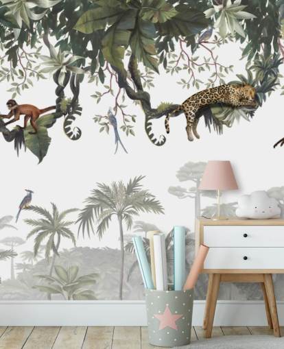 murale bianco e verde con giungla per bambini chiamato Cheeky Monkeys Panorama di Kikki Belle murale bianco e verde con giungla per bambini chiamato Cheeky Monkeys Panorama di Kikki Belle