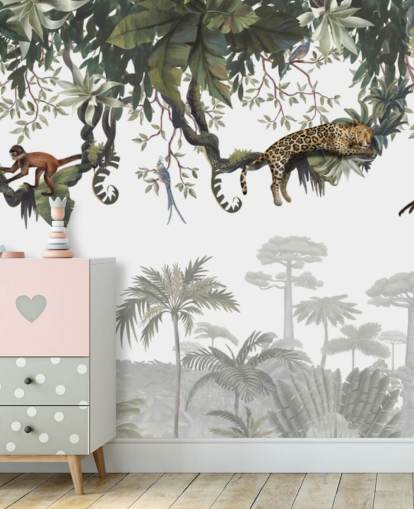 peinture murale blanche et verte de la jungle pour enfants appelée Cheeky Monkeys Panorama par Kikki Belle