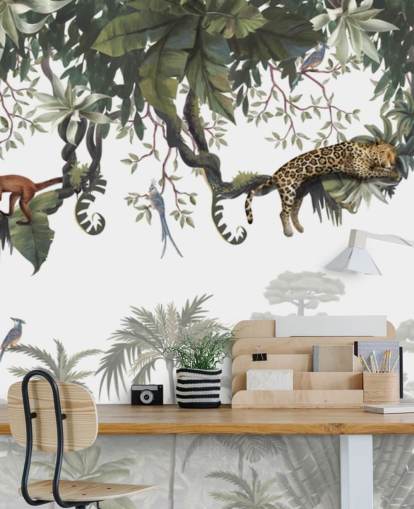 hvidt og grønt børnejungle-vægmaleri kaldet Cheeky Monkeys Panorama af Kikki Belle