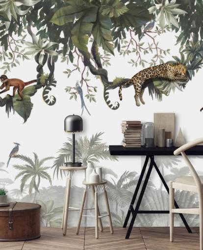 mural blanco y verde de la jungla para niños llamado Cheeky Monkeys Panorama de Kikki Belle mural blanco y verde de la jungla para niños llamado Cheeky Monkeys Panorama de Kikki Belle