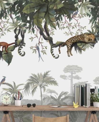 hvidt og grønt børnejungle-vægmaleri kaldet Cheeky Monkeys Panorama af Kikki Belle