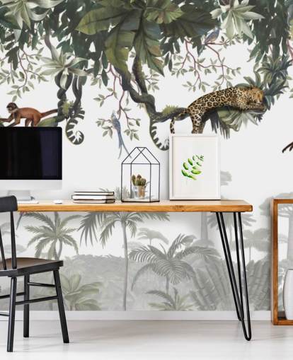 hvitt og grønt barnas jungel veggmaleri kalt Cheeky Monkeys Panorama av Kikki Belle