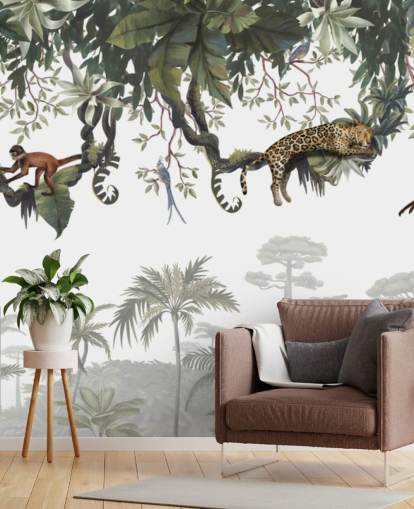 mural blanco y verde de la jungla para niños llamado Cheeky Monkeys Panorama de Kikki Belle mural blanco y verde de la jungla para niños llamado Cheeky Monkeys Panorama de Kikki Belle