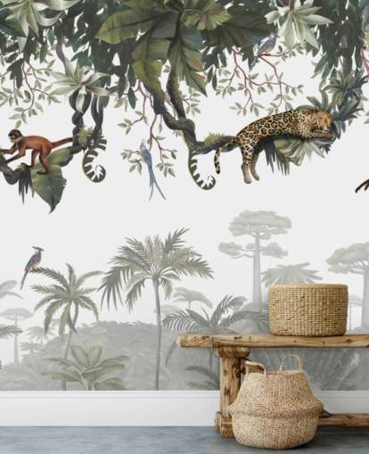 white and green kids jungle mural called Cheeky Monkeys Panorama by Kikki Belle