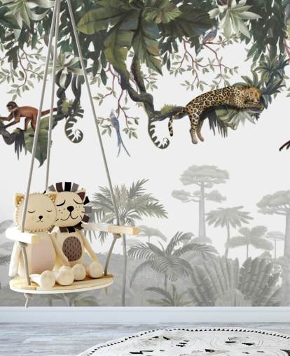 peinture murale blanche et verte de la jungle pour enfants appelée Cheeky Monkeys Panorama par Kikki Belle