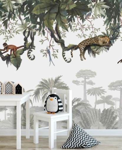 mural de selva infantil branco e verde chamado Cheeky Monkeys Panorama de Kikki Belle