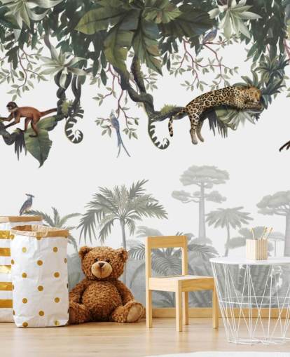 vit och grön barndjungel väggmålning som heter Cheeky Monkeys Panorama av Kikki Belle