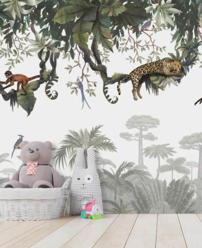 weißes und grünes Dschungel-Wandbild für Kinder namens Cheeky Monkeys Panorama von Kikki Belle