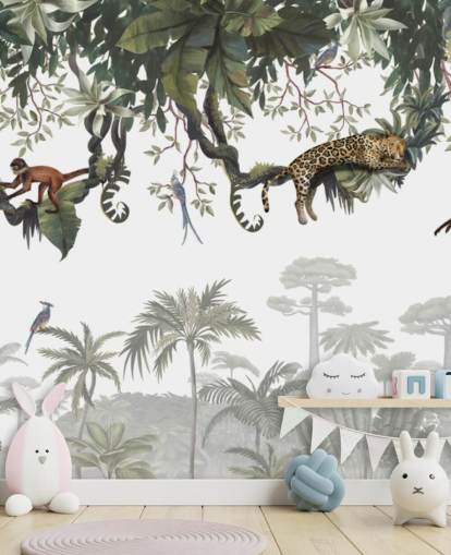 murale bianco e verde con giungla per bambini chiamato Cheeky Monkeys Panorama di Kikki Belle
