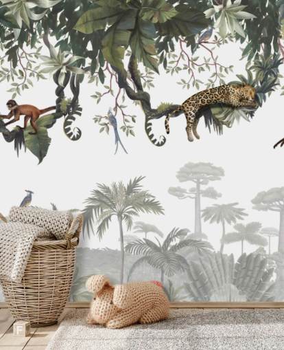 white and green kids jungle mural called Cheeky Monkeys Panorama by Kikki Belle