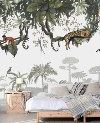 murale bianco e verde con giungla per bambini chiamato Cheeky Monkeys Panorama di Kikki Belle