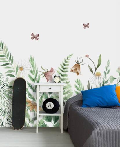 op maat gemaakte sprookjesmuurschildering voor kinderen genaamd Fairy Garden Panorama van Kikki Belle voor kinderkamers en speelkamers