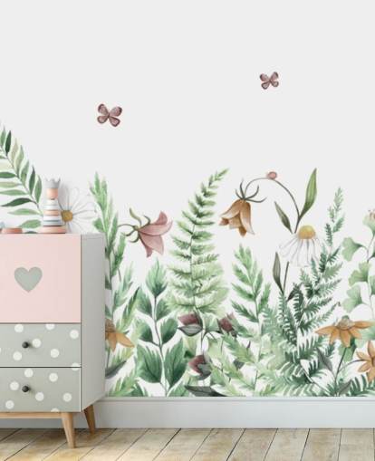 op maat gemaakte sprookjesmuurschildering voor kinderen genaamd Fairy Garden Panorama van Kikki Belle voor kinderkamers en speelkamers