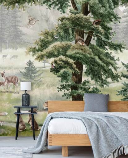 green and brown customizable kids nursery mural called Forest Fun Panorama by Kikki Belle