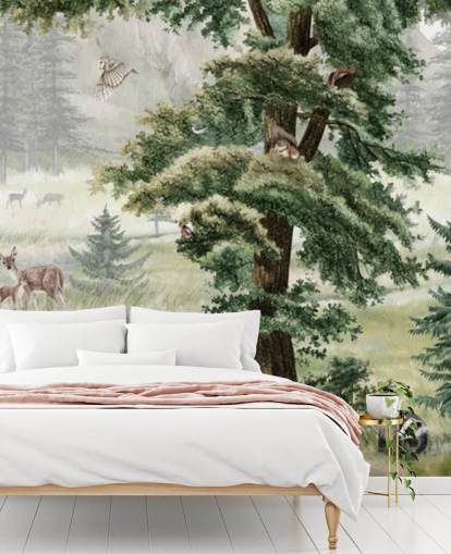 green and brown customisable kids nursery mural called Forest Fun Panorama by Kikki Belle
