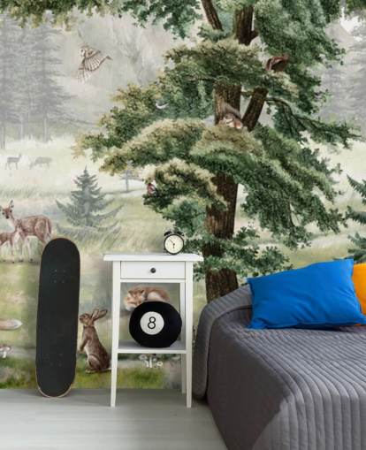 green and brown customisable kids nursery mural called Forest Fun Panorama by Kikki Belle