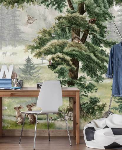 Grünes und braunes personalisierbares Kinderzimmer-Wandbild namens Forest Fun Panorama von Kikki Belle