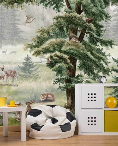 mural de berçário infantil personalizável em verde e marrom chamado Forest Fun Panorama de Kikki Belle