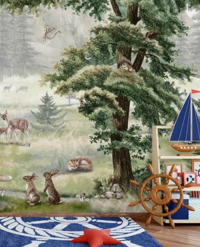 groene en bruine aanpasbare kinderkamermuurschildering genaamd Forest Fun Panorama van Kikki Belle