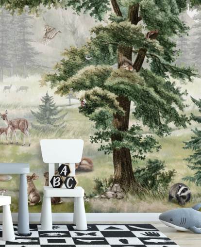 grön och brun anpassningsbar barnkammarmålning som heter Forest Fun Panorama av Kikki Belle