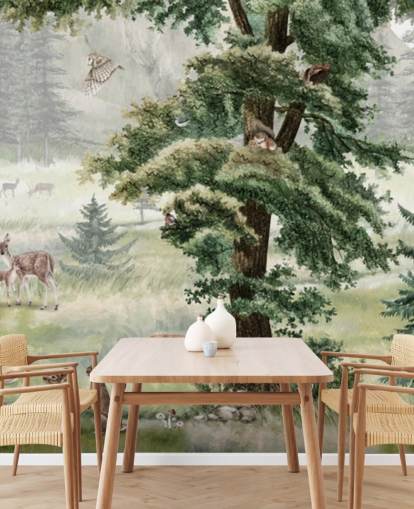 green and brown customisable kids nursery mural called Forest Fun Panorama by Kikki Belle