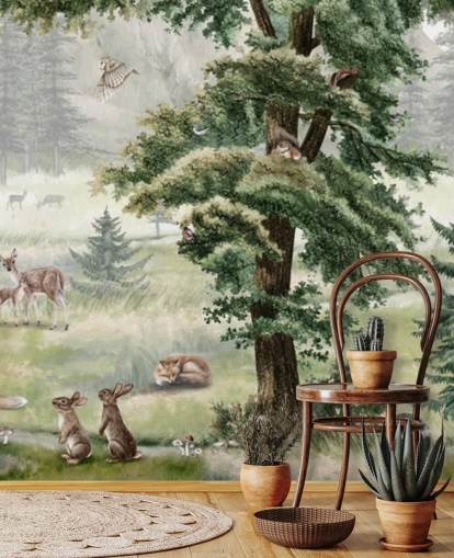 grønt og brunt tilpassbart barnehage veggmaleri kalt Forest Fun Panorama av Kikki Belle