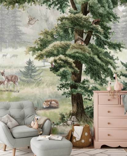 groene en bruine aanpasbare kinderkamermuurschildering genaamd Forest Fun Panorama van Kikki Belle