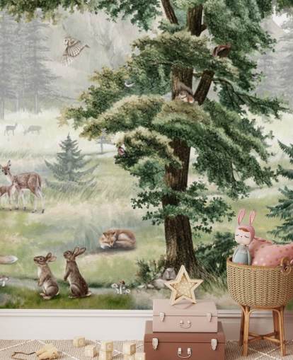 groene en bruine aanpasbare kinderkamermuurschildering genaamd Forest Fun Panorama van Kikki Belle groene en bruine aanpasbare kinderkamermuurschildering genaamd Forest Fun Panorama van Kikki Belle