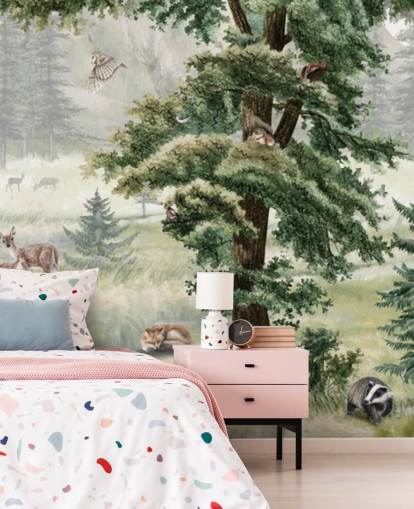 grønt og brunt tilpassbart barnehage veggmaleri kalt Forest Fun Panorama av Kikki Belle