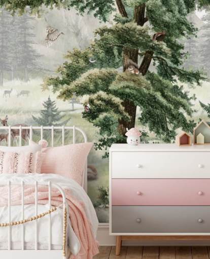 green and brown customisable kids nursery mural called Forest Fun Panorama by Kikki Belle green and brown customisable kids nursery mural called Forest Fun Panorama by Kikki Belle