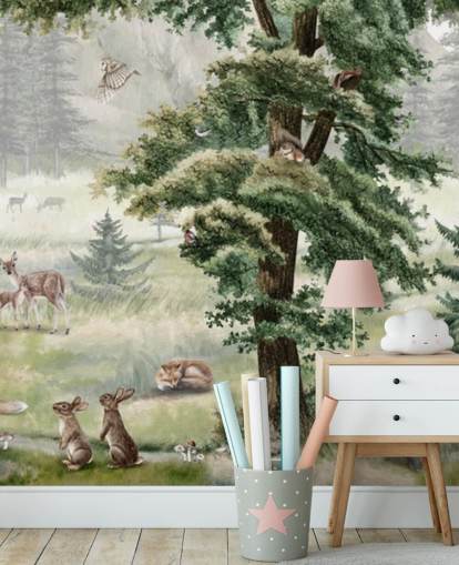 murale per la cameretta dei bambini personalizzabile verde e marrone chiamato Forest Fun Panorama di Kikki Belle