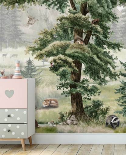 peinture murale personnalisable verte et marron pour chambre d'enfant appelée Forest Fun Panorama par Kikki Belle