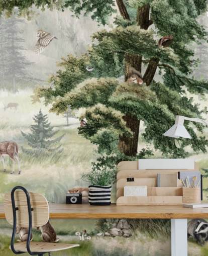 green and brown customizable kids nursery mural called Forest Fun Panorama by Kikki Belle