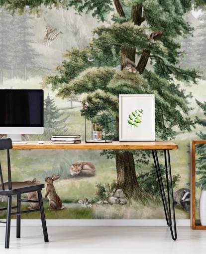 mural de guardería infantil personalizable verde y marrón llamado Forest Fun Panorama de Kikki Belle mural de guardería infantil personalizable verde y marrón llamado Forest Fun Panorama de Kikki Belle