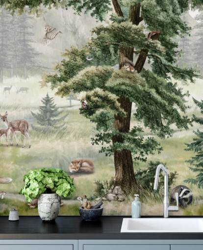 vihreä ja ruskea muokattava lasten lastentarhan seinämaalaus nimeltä Kikki Belle Forest Fun Panorama vihreä ja ruskea muokattava lasten lastentarhan seinämaalaus nimeltä Kikki Belle Forest Fun Panorama