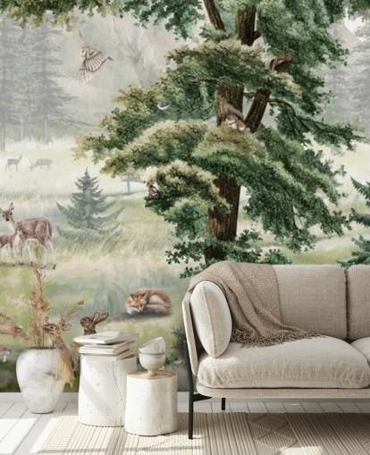 green and brown customisable kids nursery mural called Forest Fun Panorama by Kikki Belle