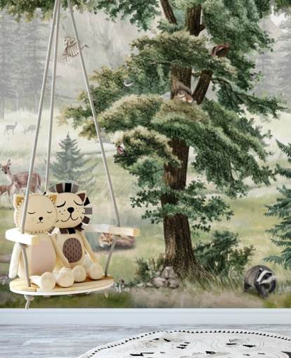 murale per la cameretta dei bambini personalizzabile verde e marrone chiamato Forest Fun Panorama di Kikki Belle